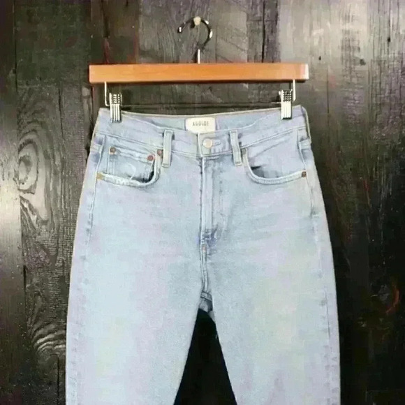 AGOLDE Merrel Straight Midwash Light Blue Raw Hem Jeans Women 25 - Picture 7 of 12